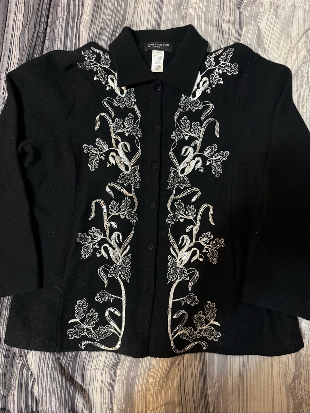 Jones New York Black Button-Front Cardigan with Silver Floral Embroidery